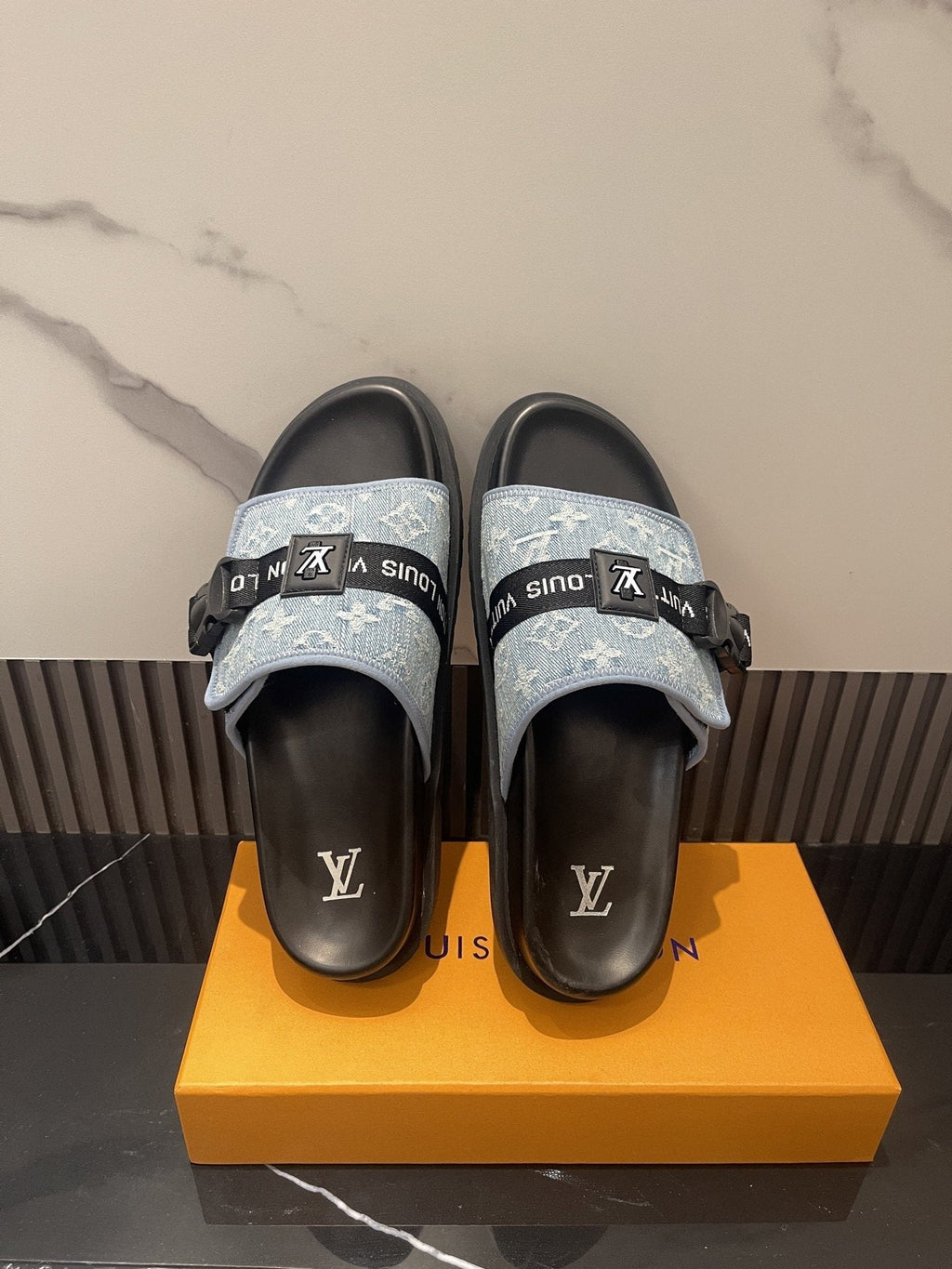 Louis Vuitton Light Blue and Black Slide Sandals